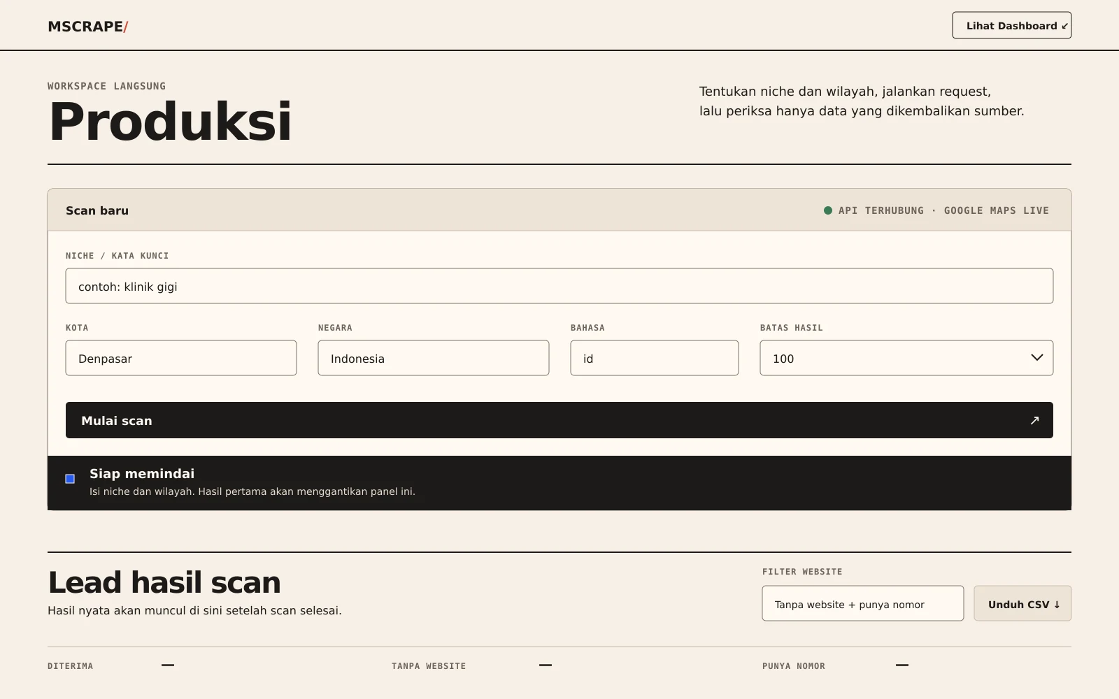 Workspace Produksi MScrape menampilkan konfigurasi, status API, dan hasil scan